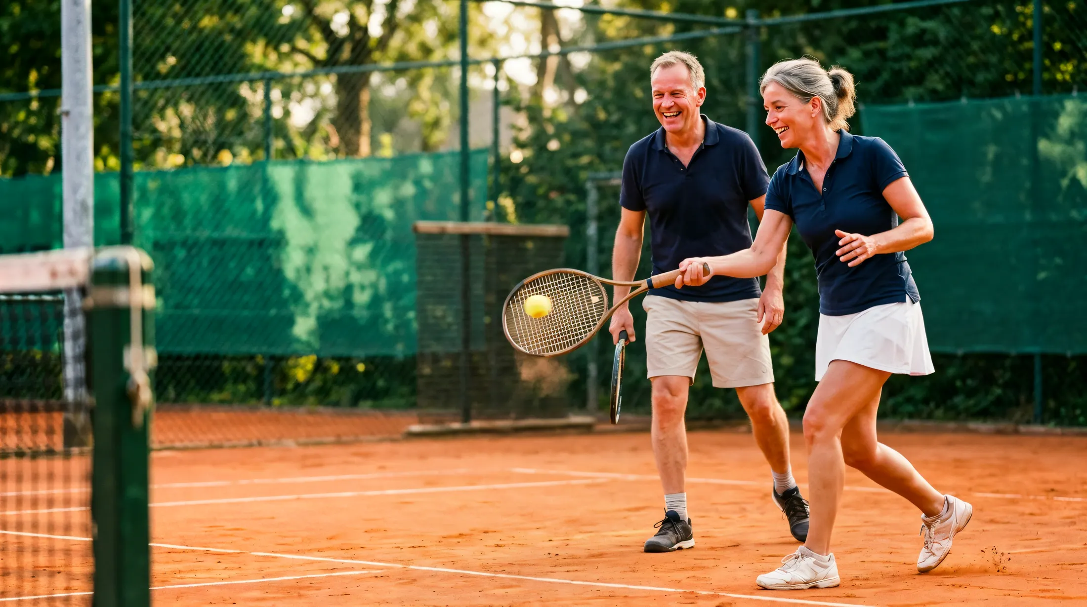 Een vrouw en een man van in de vijftig spelen lachend tennis op een gravelbaan in de zon